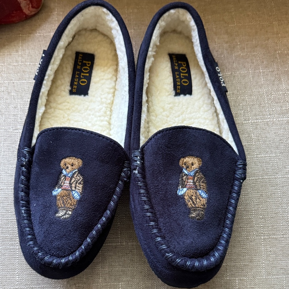 Ralph Lauren Navy Slippers with Bear Embroidery
